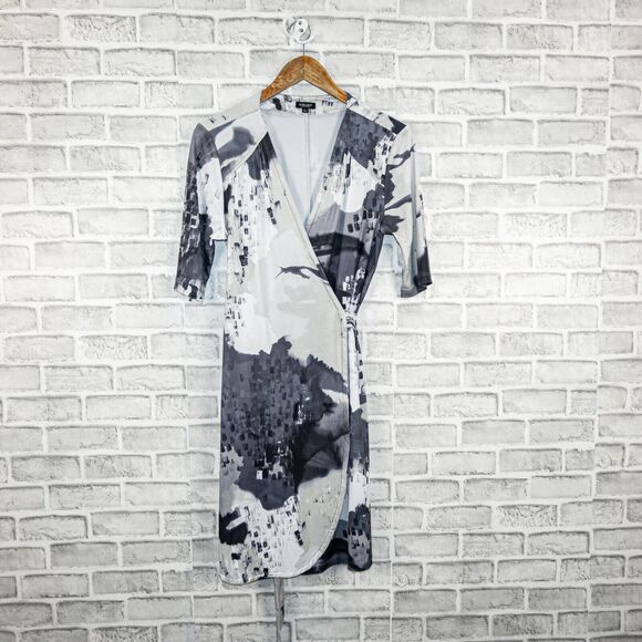KOMAROV Wrap Dress Gray black Print Waist strap Petite sz L - Picture 10 of 10